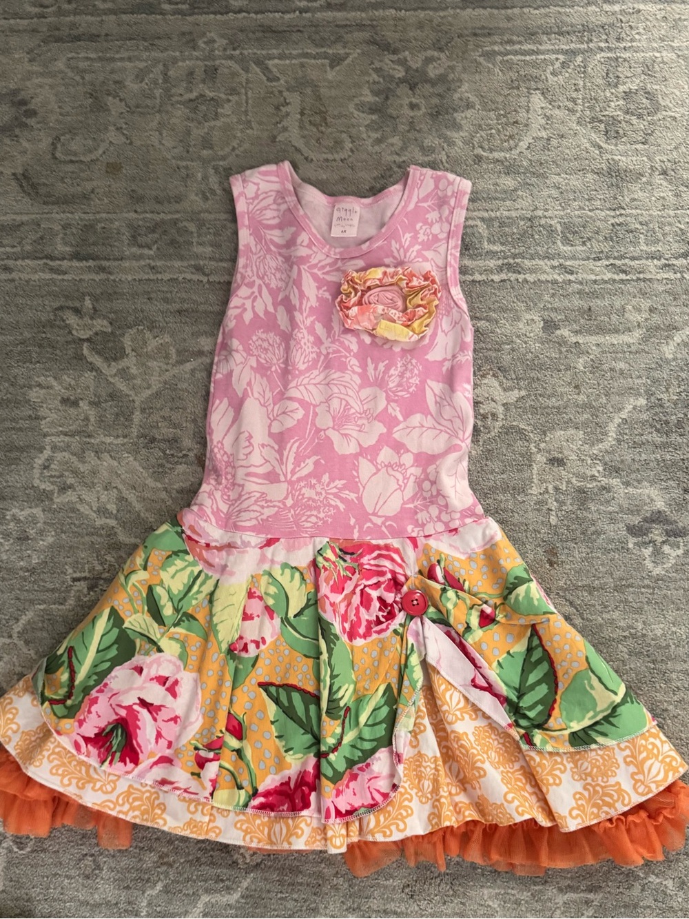 Girls Giggle Moon Pink Floral Soft Knit Tiered Dress with Ruffle Hem